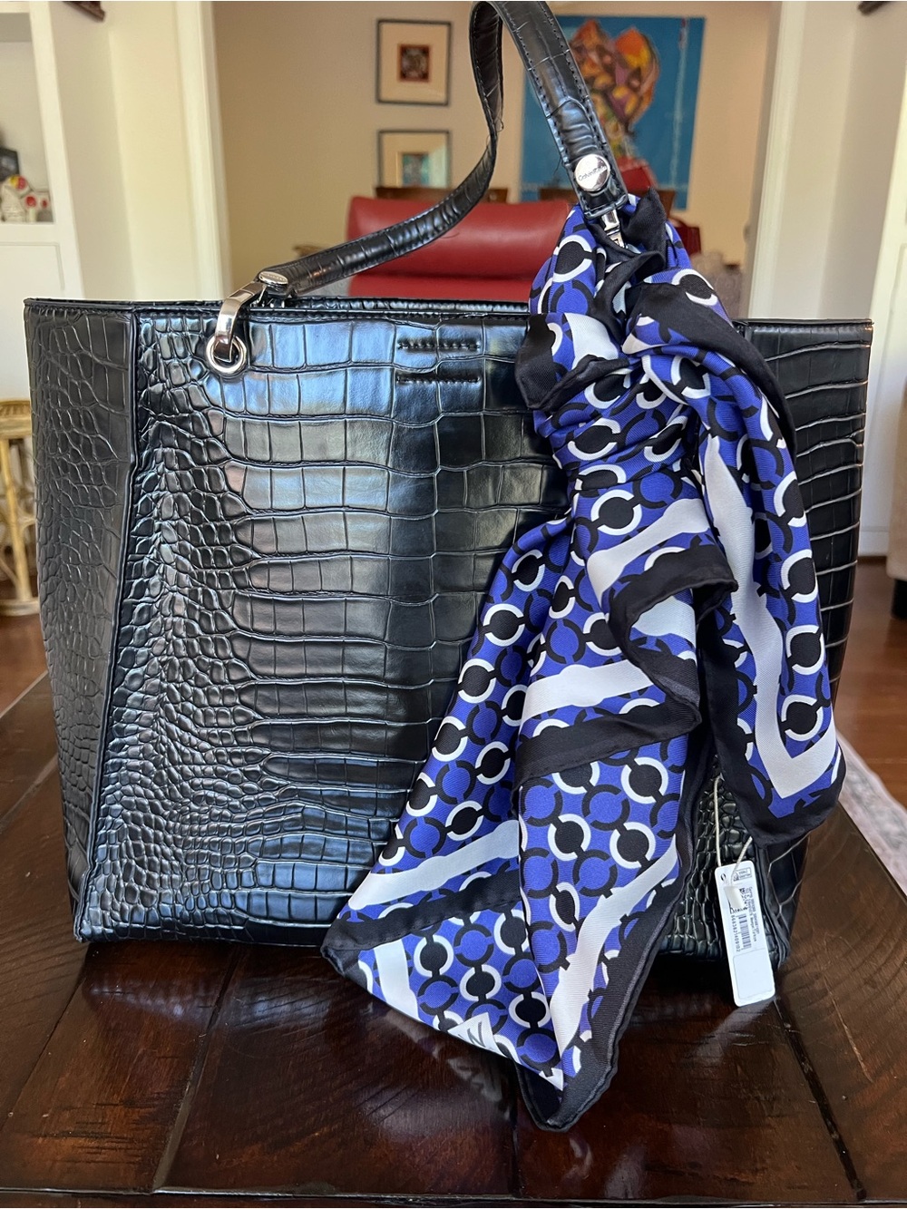 NWT W Collection 100% Silk Scarf Blue Black White Geometric Print 27” Square